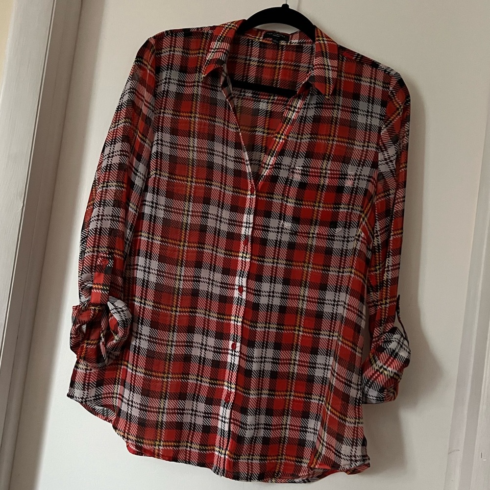 The Limited, Ashton, button-down, sheer plaid, women’s blouse size L